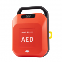 Primedic Heartsave Y AED Halfautomaat. Met geel lipje aan de achterkant voor de elektroden en statusindicator OK.